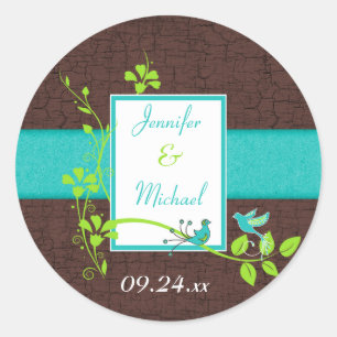 Turquoise Green Brown Floral Birds Wedding Favor Ronde Sticker