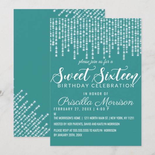 Turquoise Green Hanging Diamond Lights Sweet 16 Kaart (Voorkant / Achterkant)