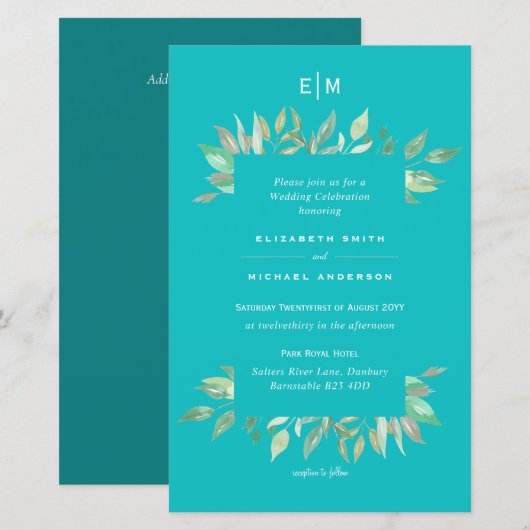 Turquoise Greenery Leaves Budget Wedding Invite A9 (Voorkant / Achterkant)