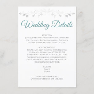 Turquoise & Grey Elegant Wedding Details Carte de 