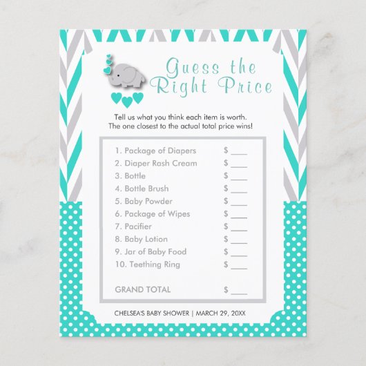 Turquoise & Grey Elephant Baby shower - Prijs Flyer (Voorkant)