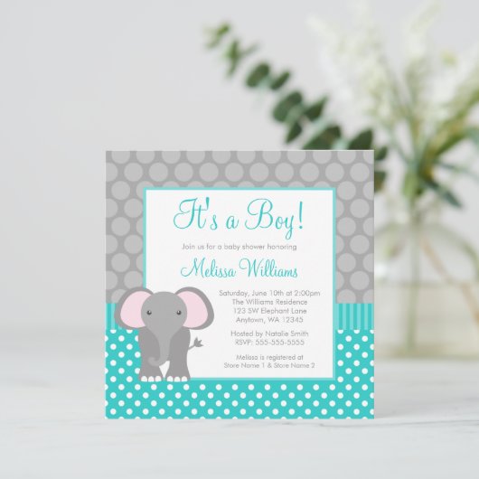 Turquoise Grey Elephant Polka Dot Boy Baby shower Kaart (Staand voorkant)