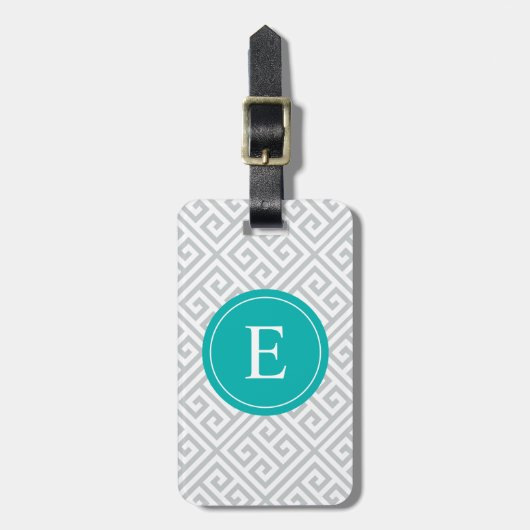 Turquoise & Grey Greek Key | Bagagelabel (Voorkant verticaal)