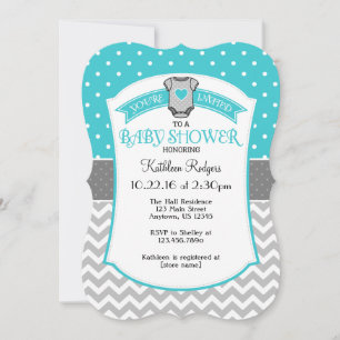 Turquoise Grey Polkadot Chevron Baby shower Uitnod Kaart