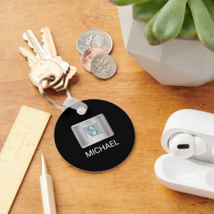 Turquoise & Grijs Monogram, Witte Naam Zilver, Zwa Sleutelhanger