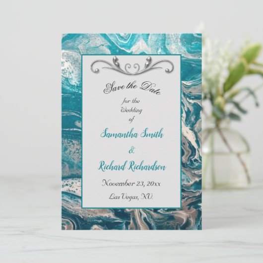 Turquoise Grijze Abstracte Bewaar de Datum Save The Date (Staand voorkant)