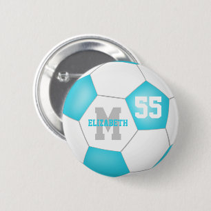 turquoise grijze meisjes voetbal gepersonaliseerd ronde button 5,7 cm