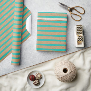 Turquoise Groen Blauwe Lijnen Nep Rustieke Bruine Cadeaupapier