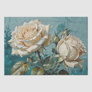 Turquoise Groen en Crème Roos Bloemige Kunst Olie Tissuepapier