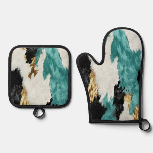 Turquoise Groen Goud Zwart Wit Koeienhuid Ovenwant & Pannenlap Set (Voorkant)