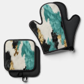 Turquoise Groen Goud Zwart Wit Koeienhuid Ovenwant & Pannenlap Set (Voorkant / Achterkant)