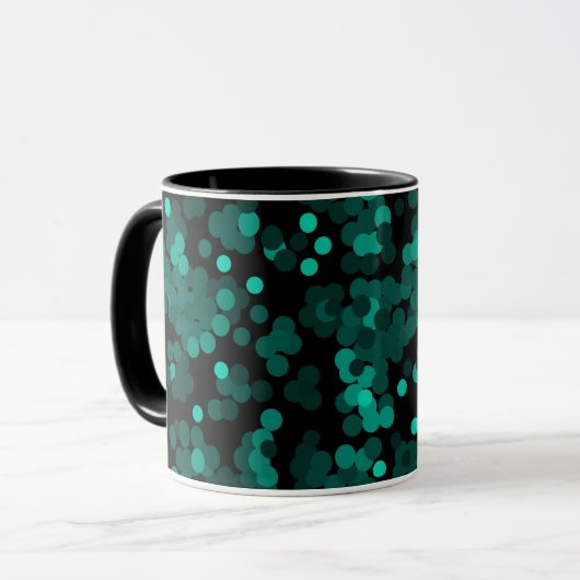 Turquoise groen polka dot patroon op zwart mok (Voorkant links)
