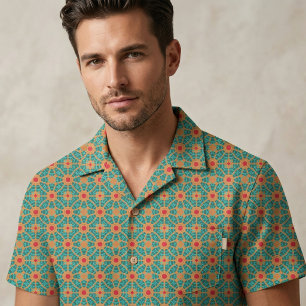 Turquoise Groen Verbrand Oranje en Rood Geometrisc Stof