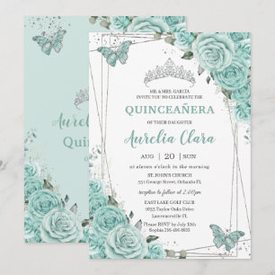 Turquoise Groene Bloemige Vlinders Quinceanera 15  Kaart
