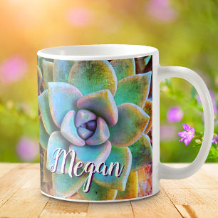 Turquoise groene cactus foto monogram naam script koffiemok
