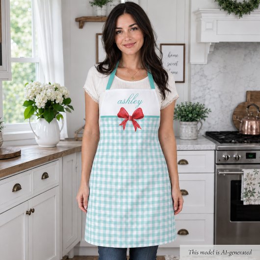 Turquoise groene gingham schort
