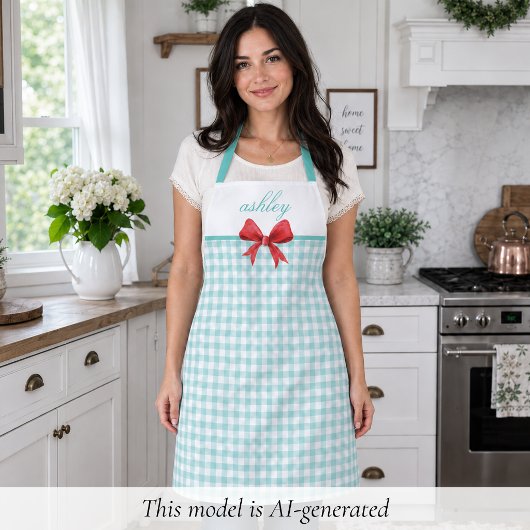 Turquoise groene gingham schort
