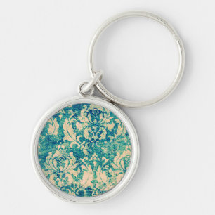 Turquoise Grunge Damask Sleutelhanger