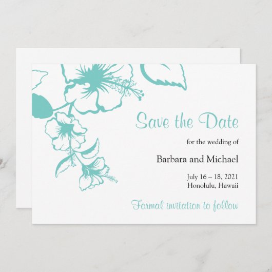 Turquoise Hibiscus Bloem Bestemming Bruiloft Save The Date (Voorkant / Achterkant)
