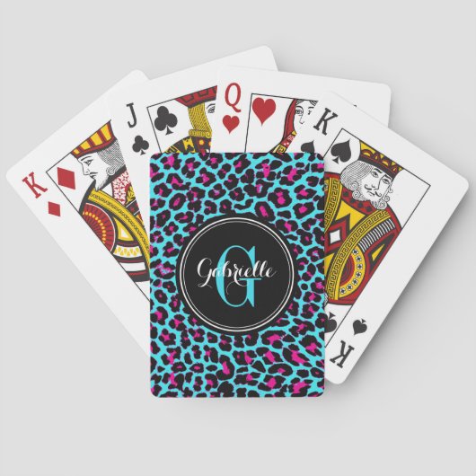 Turquoise Hot Pink Leopard Monogram Pokerkaarten (Achterkant)