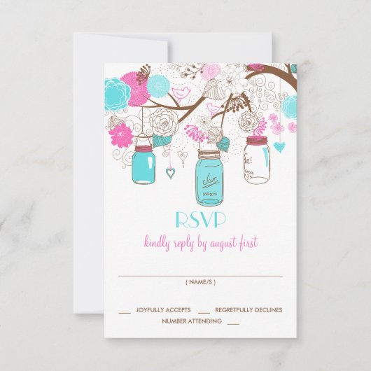 Turquoise & Hot Pink Mason Jars Wedding RSVP Kaart (Voorkant)