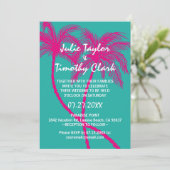 Turquoise Hot Pink Palm Tree Huwelijksuitnodiginge Kaart (Staand voorkant)
