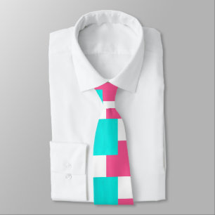 Turquoise Hot Pink White Color Block Pattern Stropdas