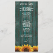 Turquoise hout rustieke zonnebloem bruiloft progra programma (Achterkant)