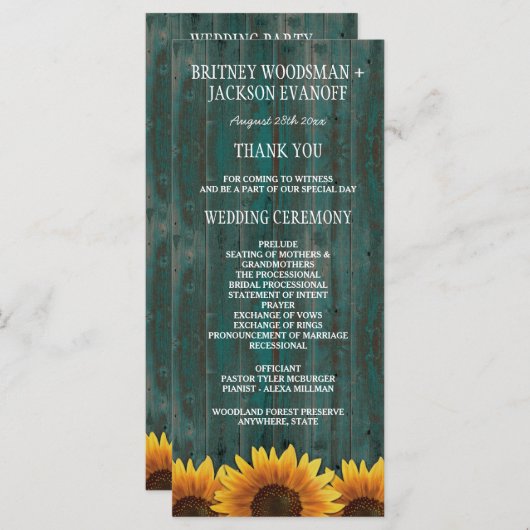 Turquoise hout rustieke zonnebloem bruiloft progra programma (Voorkant / Achterkant)