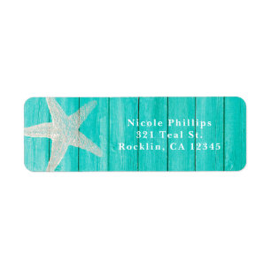Turquoise Hout & Zeester Strand Elegante Uitnodigi Etiket