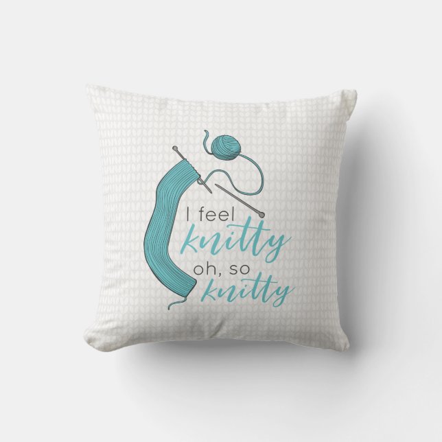 Turquoise, ik voel me knitty, zo knitty kussen (Voorkant)