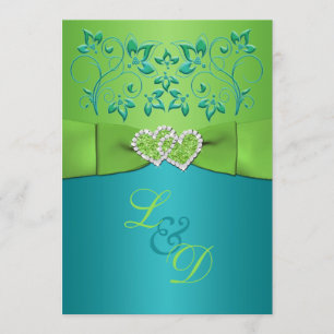 Turquoise, invitation jointive florale 2 de coeurs