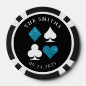 Turquoise Kaart Suits Bruiloft Datum en Naam Favor Poker Chips (Achterkant)