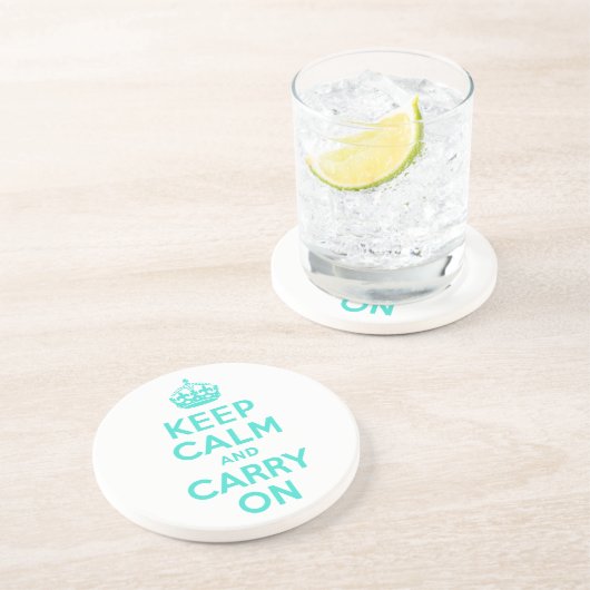 Turquoise Keep Calm en Carry on Zandsteen Onderzetter (Zijkant)