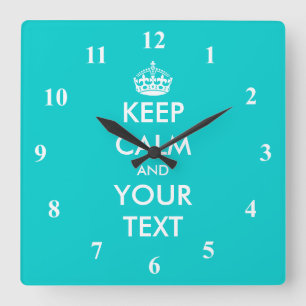 Turquoise Keep Calm wall clock with numbers Vierkante Klok