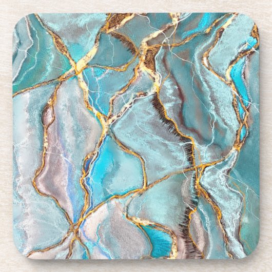 Turquoise Kintsugi Geode, Blue Gold Ocean Bier Onderzetter (Voorkant)