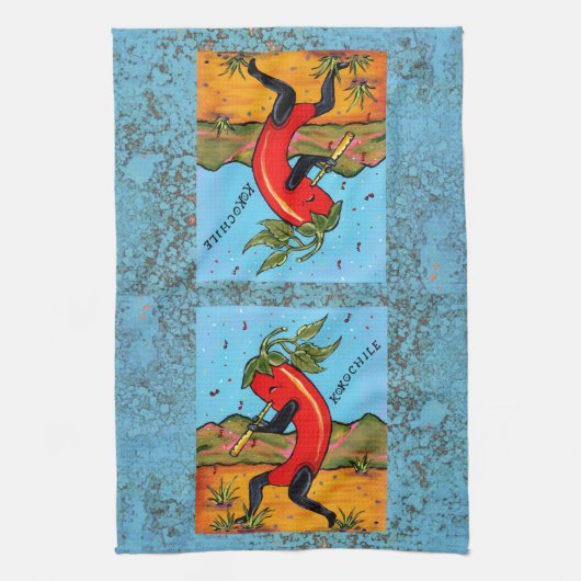 Turquoise Kokopelli Chili Pepper Fun Towel Theedoek (Verticaal)