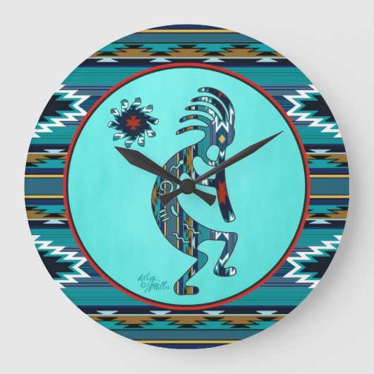 Turquoise Kokopelli Large Clock Grote Klok (Voorkant)