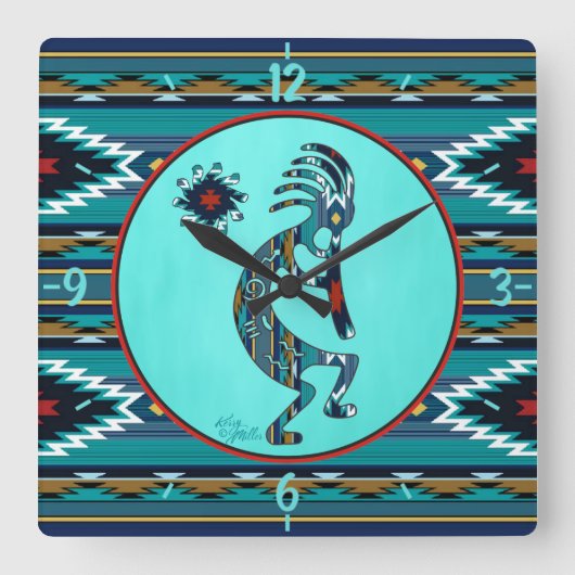 Turquoise Kokopelli Large Wall Clock Vierkante Klok (Voorkant)