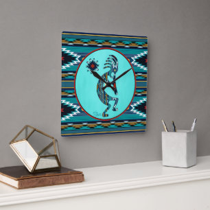 Turquoise Kokopelli Large Wall Clock Vierkante Klok