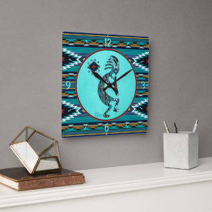Turquoise Kokopelli Large Wall Clock Vierkante Klok