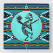 Turquoise Kokopelli Large Wall Clock Vierkante Klok (Voorkant)