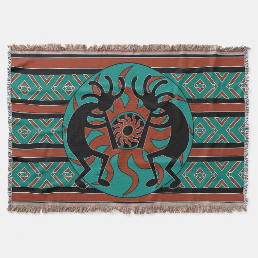 Turquoise Kokopelli Tribal Zuidwest Design Deken (Voorkant)