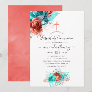 Turquoise & Koraal Aquarel Bloemstuk Eerste Heilig Kaart