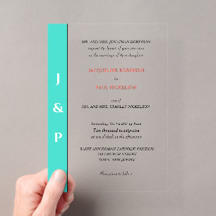 Turquoise Koraal Monogram Bruid en Bruidegom Helde Acryl Uitnodigingen