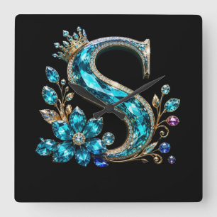 Turquoise Kristallen Letter S & Kroon Vierkante Klok