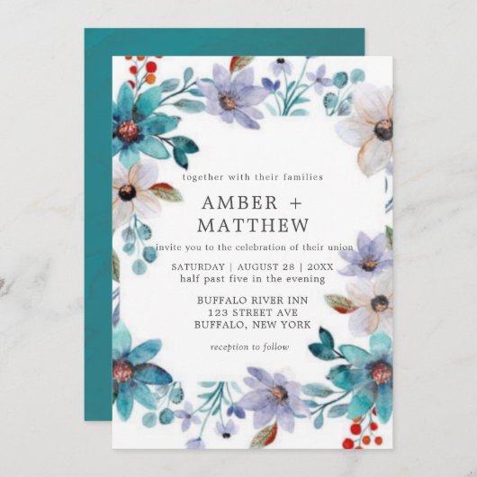 Turquoise Lavender Painted Florals Wedding Invite (Voorkant / Achterkant)