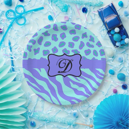 Turquoise Lavender Zebra Leopard Skin Monogram Papieren Bordje (Feest)