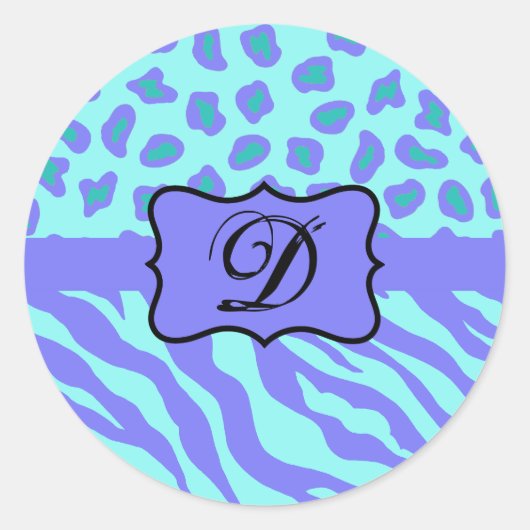 Turquoise Lavender Zebra Leopard Skin Monogram Ronde Sticker (Voorkant)