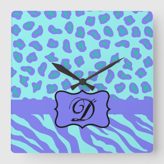 Turquoise Lavender Zebra Leopard Skin Monogram Vierkante Klok (Voorkant)
